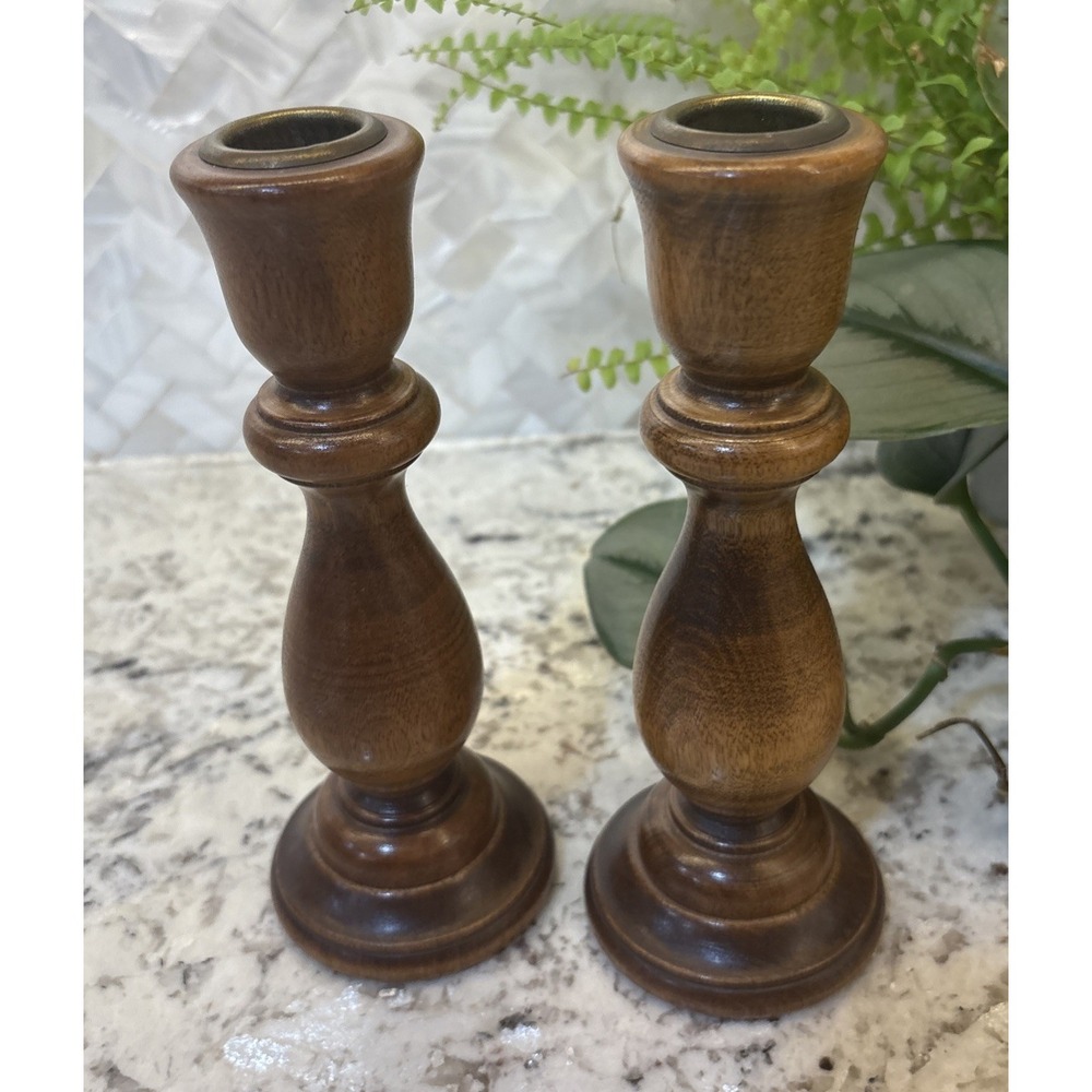 2 MCM Wooden Candlesticks with Copper Insert Wood Boho chic country cottage core